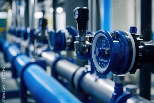 A series of blue pipes with a blue and white gauge on the middle of the pipes