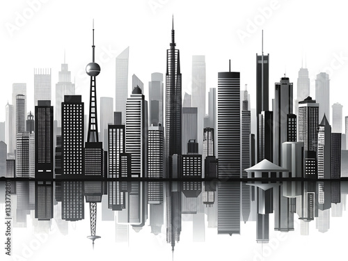 A sleek, monochrome city skyline with skyscrapers and urban landmarks in sharp black-and-white contrast. The design is detailed yet minimalist, set on a  transparent background