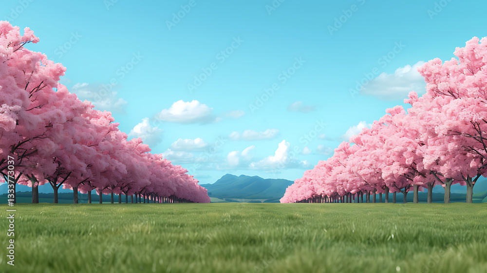 Serene Pink Blossom Tree Lane Spring Meadow