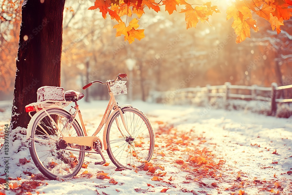 Fototapeta premium Autumn bicycle in snowy park path. Sunny day for weekend recreation, backdrop