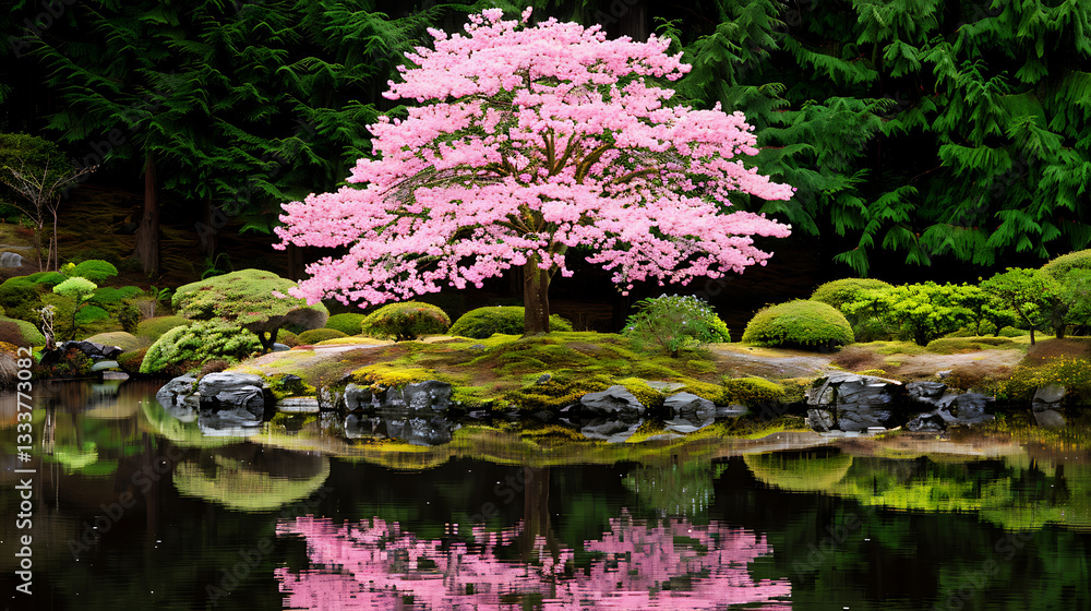 Serene Pink Blossom Tree in Japanese Garden