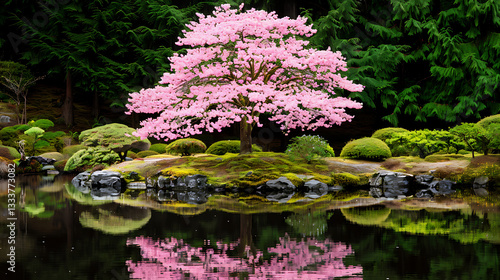 Obraz na płótnie Serene Pink Blossom Tree in Japanese Garden w salonie