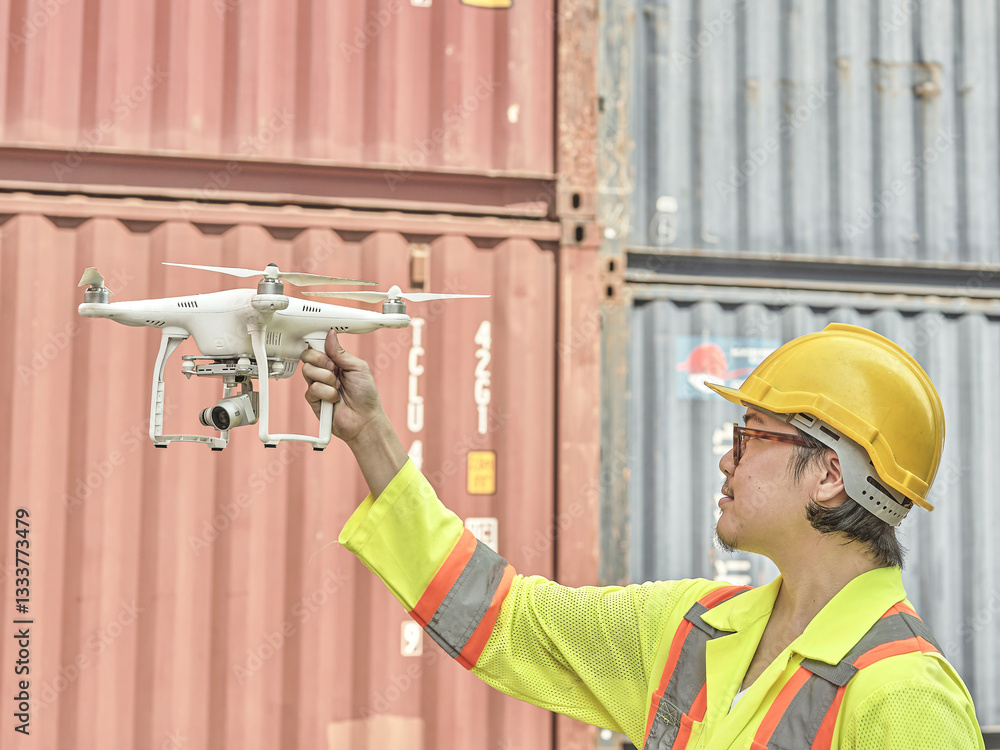 A construction worker in safety gear operating a drone to inspect cargo containers at a logistics and transportation facility