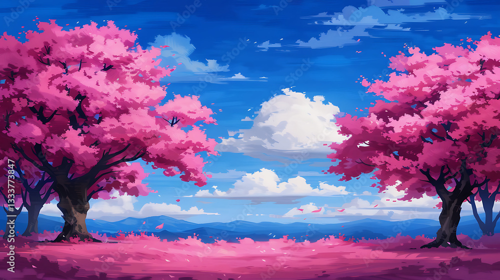 Serene Pink Cherry Blossom Landscape Under Blue Sky