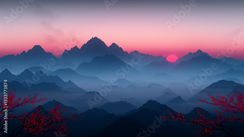 Serene Pink Sunset Over Misty Mountains