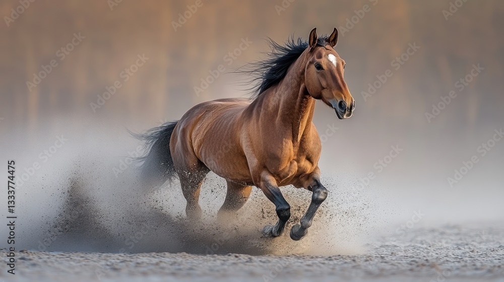 Fototapeta premium Stunning Brown Horse Running Free in Dust
