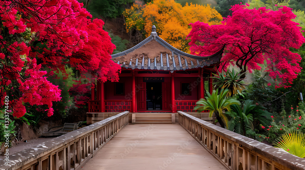 Serene Red Pavilion Bridge Autumn Garden