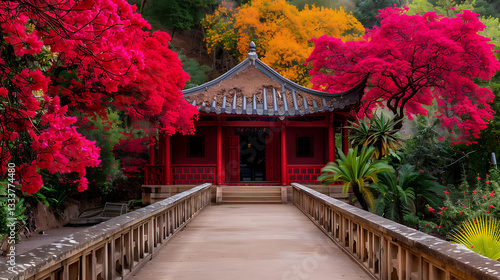 Obraz na płótnie Serene Red Pavilion Bridge Autumn Garden w salonie