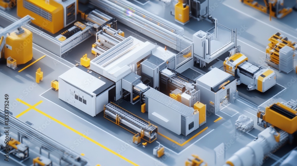 Optimized production – A 3D model of the lean manufacturing process, with efficiency indicators for improved workflow and productivity Optimized production – A 3D model of the lean manufacturing process, with efficiency indicators for improved workflow and productivity