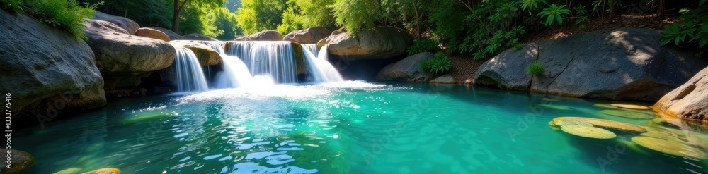 Fototapeta premium Crystal clear river flowing through a waterfall, clear, natural, clean