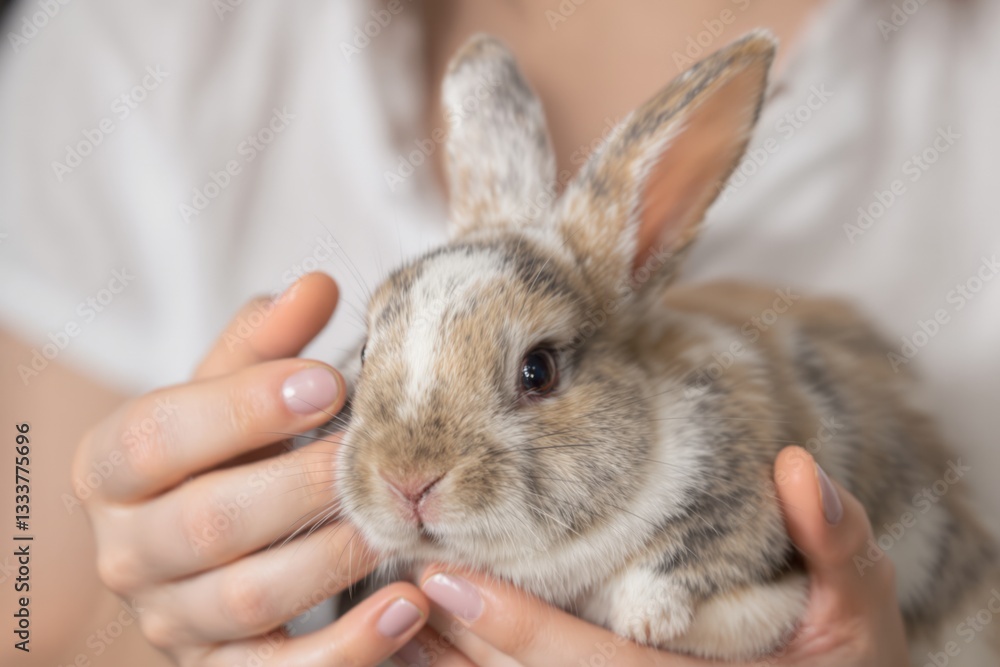 Woman holding a rabbit. Cosmetics test on rabbit animal. Cruelty free and stop animal abuse concept Woman holding a rabbit. Cosmetics test on rabbit animal. Cruelty free and stop animal abuse concept