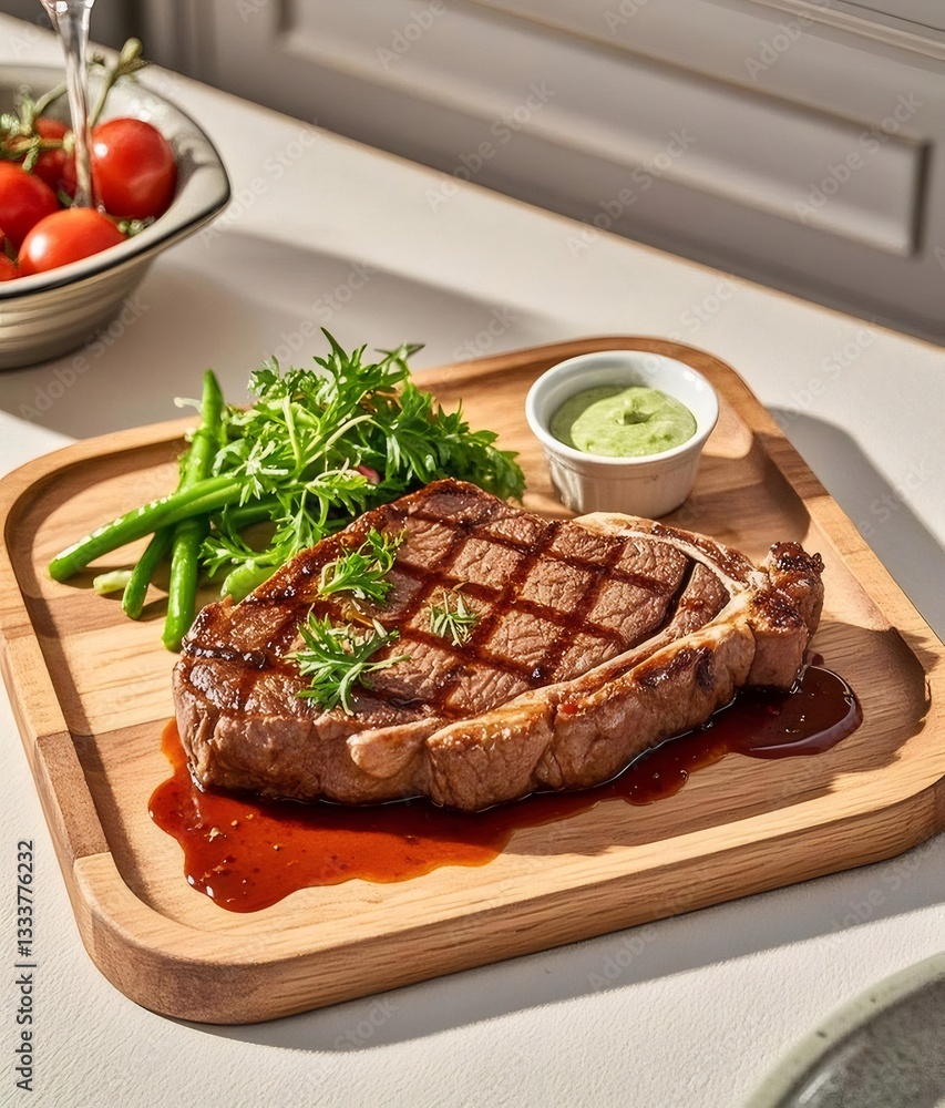 Grilled Ribeye Steak with Green Beans and Sauce on Wooden Plate Grilled Ribeye Steak with Green Beans and Sauce on Wooden Plate