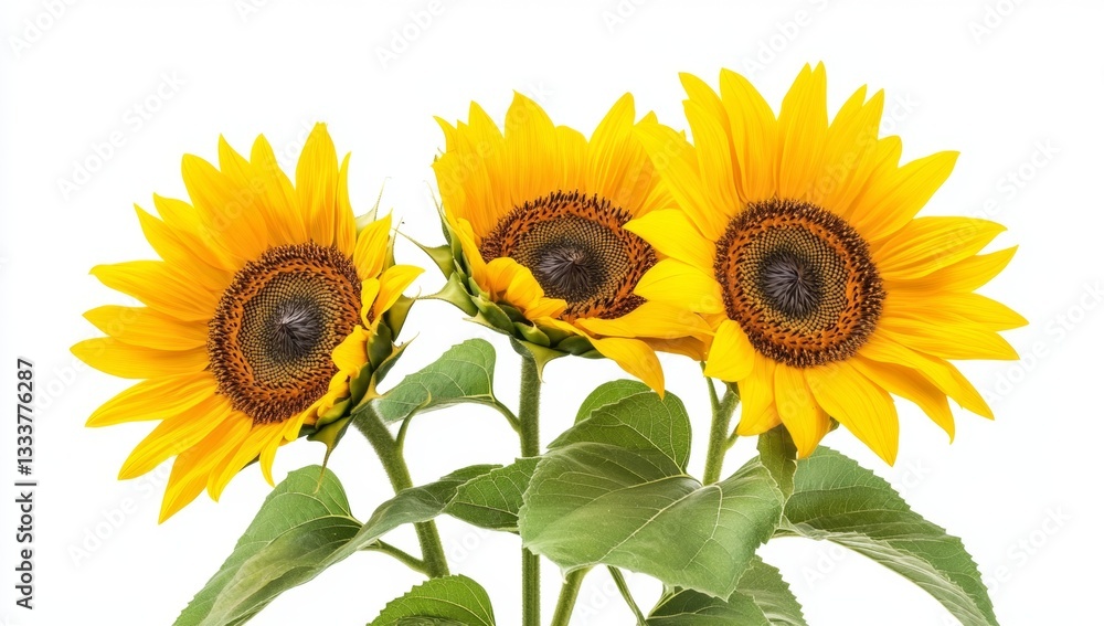 Obraz premium Three vibrant sunflowers against a white background. Full bloom, showcasing bright yellow petals and dark brown centers. Healthy green leaves accompany the blossoms