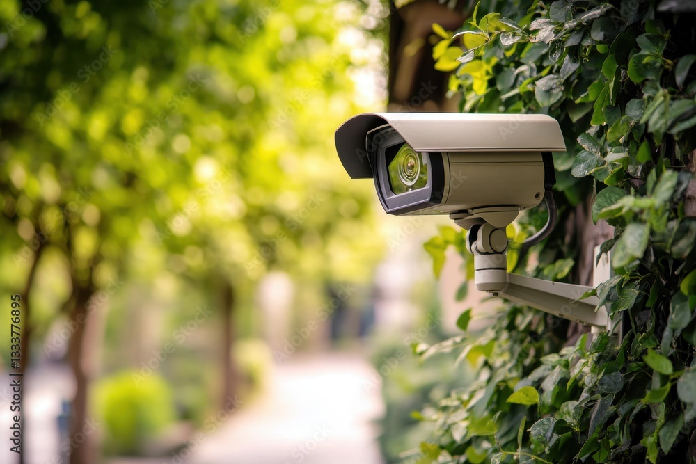 A camera is mounted on a pole in front of a bush A camera is mounted on a pole in front of a bush