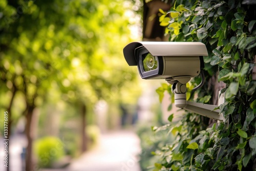 A camera is mounted on a pole in front of a bush