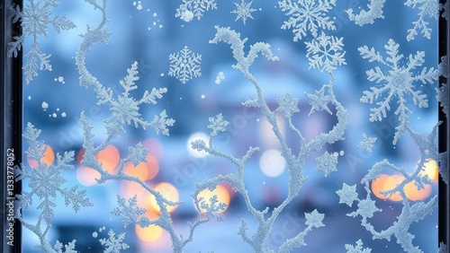 Delicate frostwork adorns the window's surface, translucent, crystal, winter
