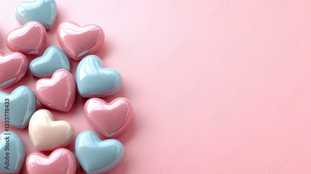 Fototapeta premium Colorful Collection of Glossy Heart-Shaped Candies in Pastel Shades Creating a Romantic Atmosphere