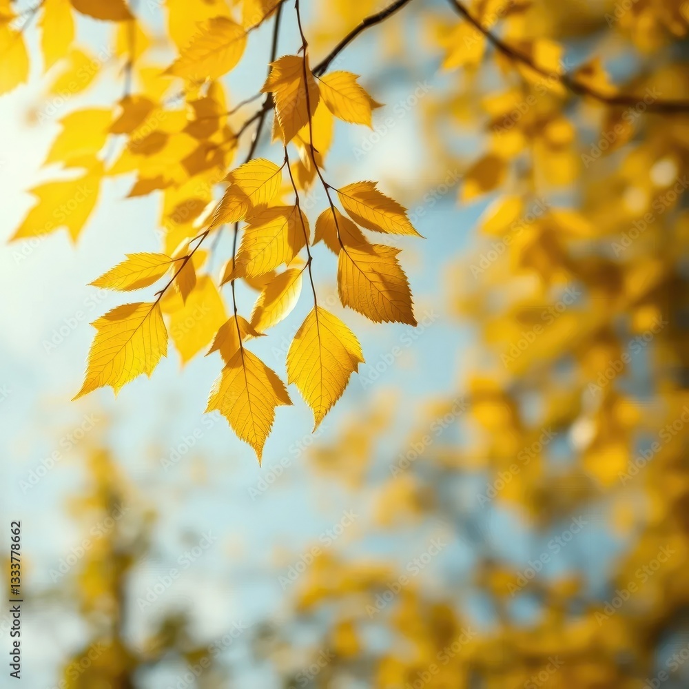Delicate golden leaves fall from a sky background with soft focus effect, foliage, background Delicate golden leaves fall from a sky background with soft focus effect, foliage, background