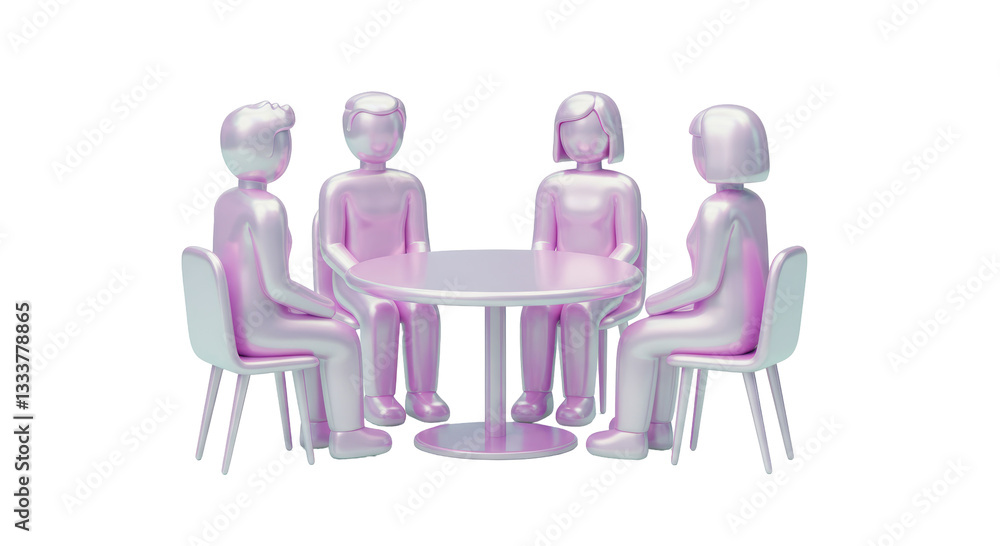 Isolated Group of Four Metallic Figures Seated Around a Round Table, Engaged in a Business Meeting and Strategic Discussion Isolated Group of Four Metallic Figures Seated Around a Round Table, Engaged in a Business Meeting and Strategic Discussion