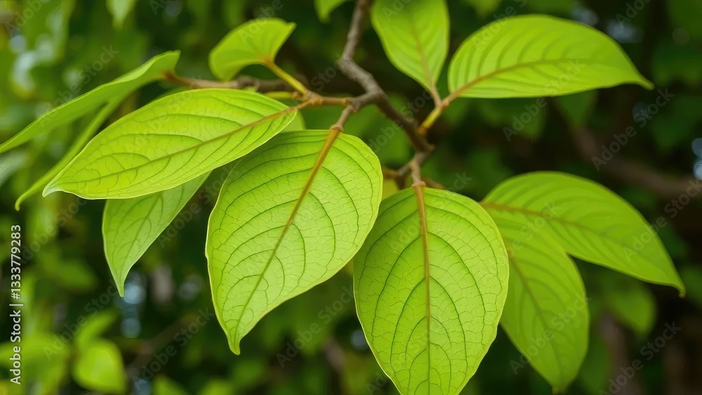Delicate green leaves with intricate veins on a lush orchid tree branch, tree, vegetation Delicate green leaves with intricate veins on a lush orchid tree branch, tree, vegetation