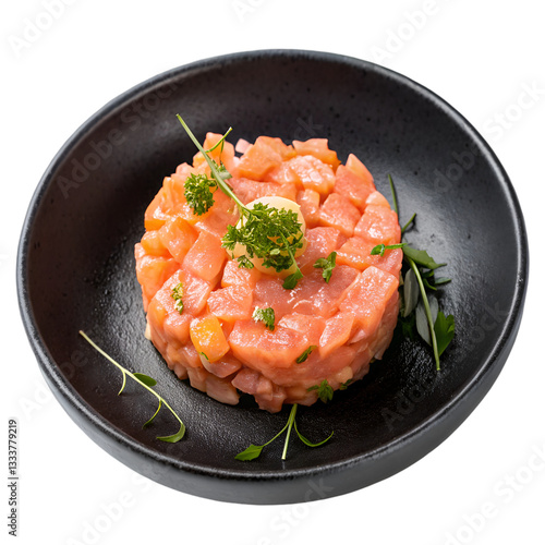 Salmon tartare in dish isolated on transparent background