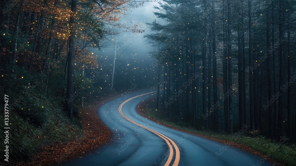 A winding road through a misty forest with golden lights A winding road through a misty forest with golden lights