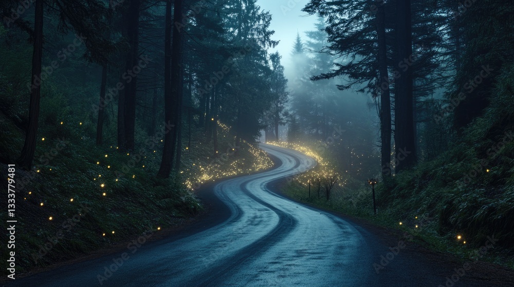 Fototapeta premium A winding road through a dense forest at twilight time