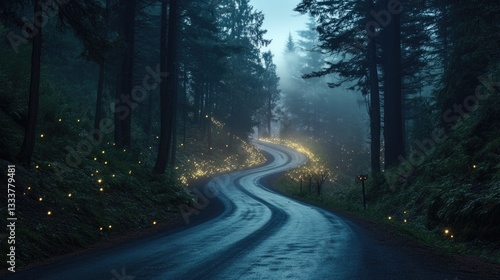 A winding road through a dense forest at twilight time