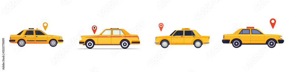 Colorful depicting multiple yellow taxi cabs with map markers symbolizing transportation navigation and urban services Colorful depicting multiple yellow taxi cabs with map markers symbolizing transportation navigation and urban services