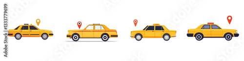 Valokuvatapetti Colorful depicting multiple yellow taxi cabs with map markers symbolizing transp