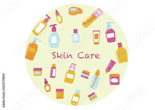 手書きのスキンケアの用品のポップなカラーのアピールイラスト