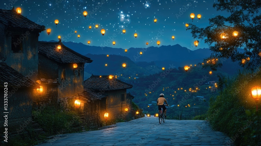 Fototapeta premium A person rides a bicycle under illuminated lanterns at night