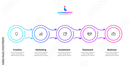 Outline infographic representing a modern business strategy concept featuring creativity, investment, marketing, teamwork, and business development. Process diagram wit 5 steps