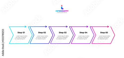 Five-step infographic representing business workflows, showcasing colorful arrow designs for process visualization and project planning