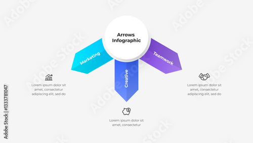 Infographic featuring arrows labeled marketing, creativity, and teamwork, emphasizing business principles and strategic concepts