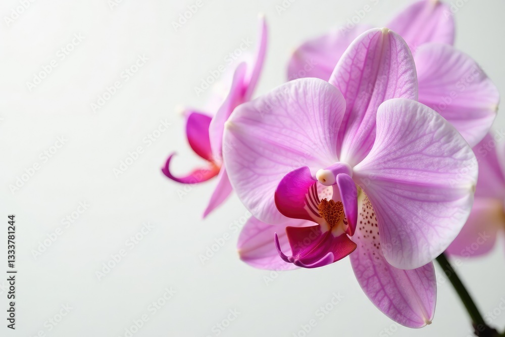 Delicate orchid blooms on a crisp white background, delicate petals, nature Delicate orchid blooms on a crisp white background, delicate petals, nature