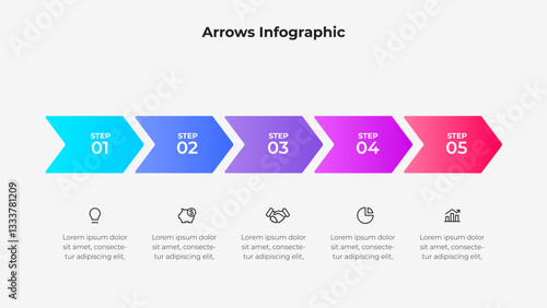 A modern infographic featuring a five step process using arrows in vibrant colors, accompanied by corresponding icons and placeholder text, ideal for business, planning, or educational purposes