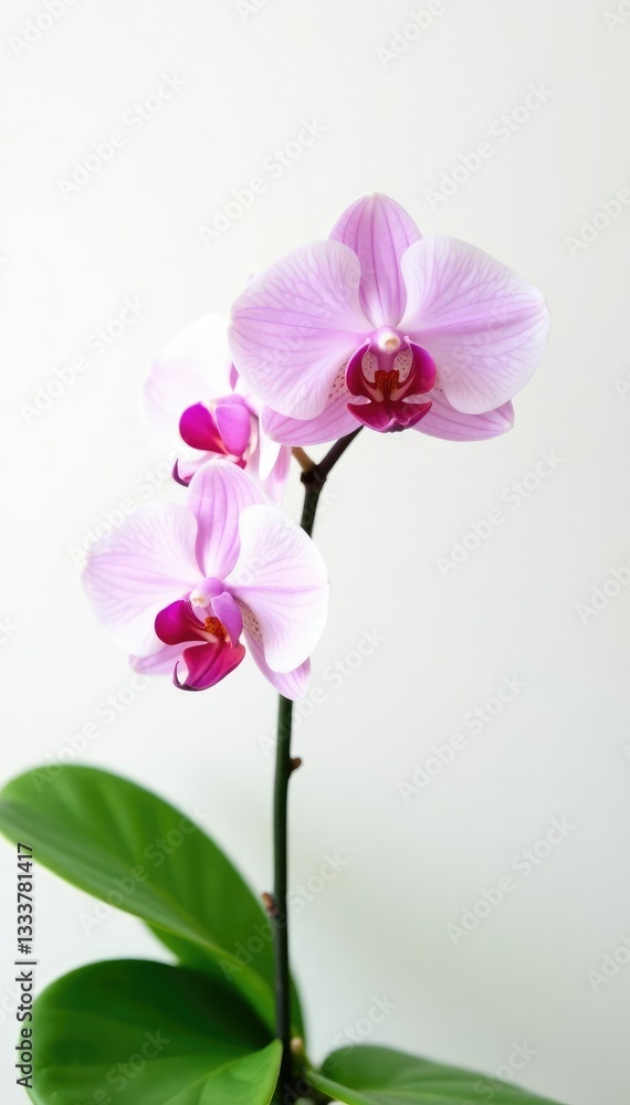 Delicate orchid branch with curved stems and lush green leaves against a crisp white background, flowers, orchids, wallpaper Delicate orchid branch with curved stems and lush green leaves against a crisp white background, flowers, orchids, wallpaper