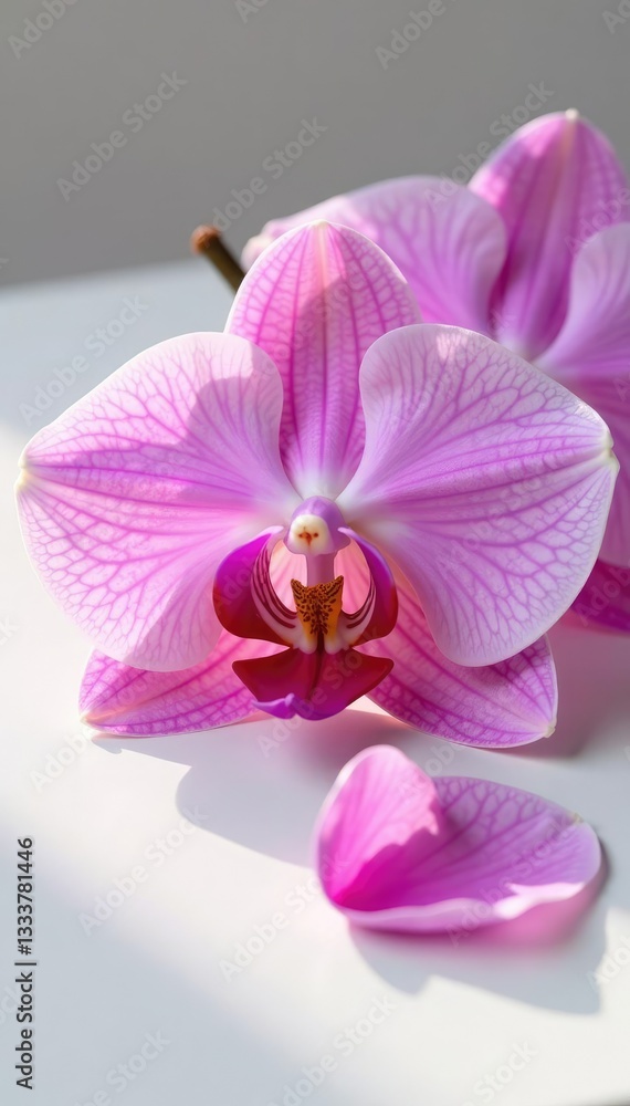 Delicate orchid flower petals on a white surface, petal, botanical Delicate orchid flower petals on a white surface, petal, botanical