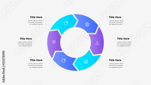 A circular 6 steps arrows infographic with a color gradient featuring placeholders for text, icons, and titles, ideal for data presentation and business applications