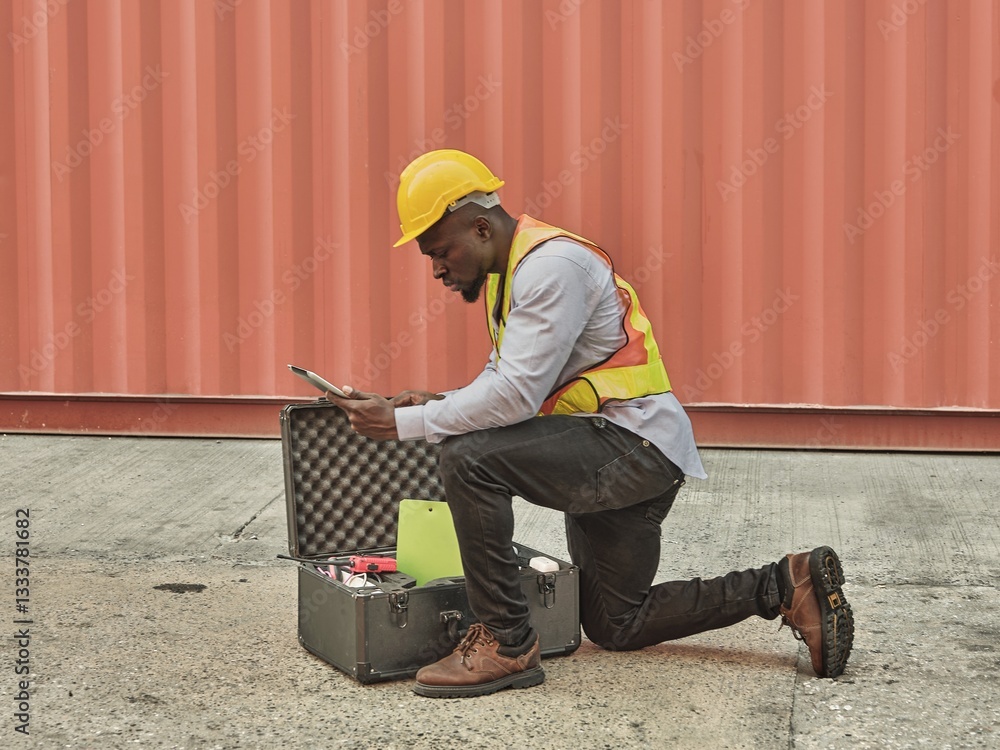 A construction worker in a safety vest and helmet kneels on the ground, examining the contents of an open toolbox at an industrial worksite with a corrugated metal wall in the background.