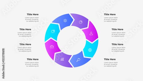 A circular 8 steps arrows infographic with a color gradient featuring placeholders for text, icons, and titles, ideal for data presentation and business applications