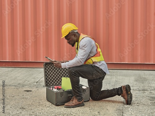 Obraz na płótnie A construction worker in a safety vest and helmet kneels on the ground, examining the contents of an open toolbox at an industrial worksite with a corrugated metal wall in the background. w salonie
