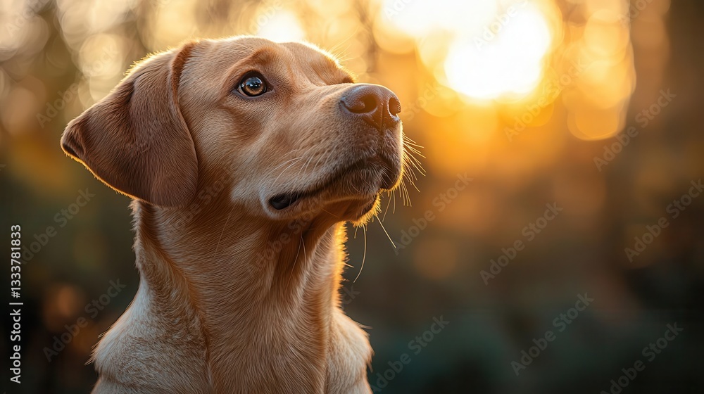 A serene portrait of a golden Labrador dog gazing into the distance during sunset, capturing a moment of tranquility. Copy space, commercial use A serene portrait of a golden Labrador dog gazing into the distance during sunset, capturing a moment of tranquility. Copy space, commercial use