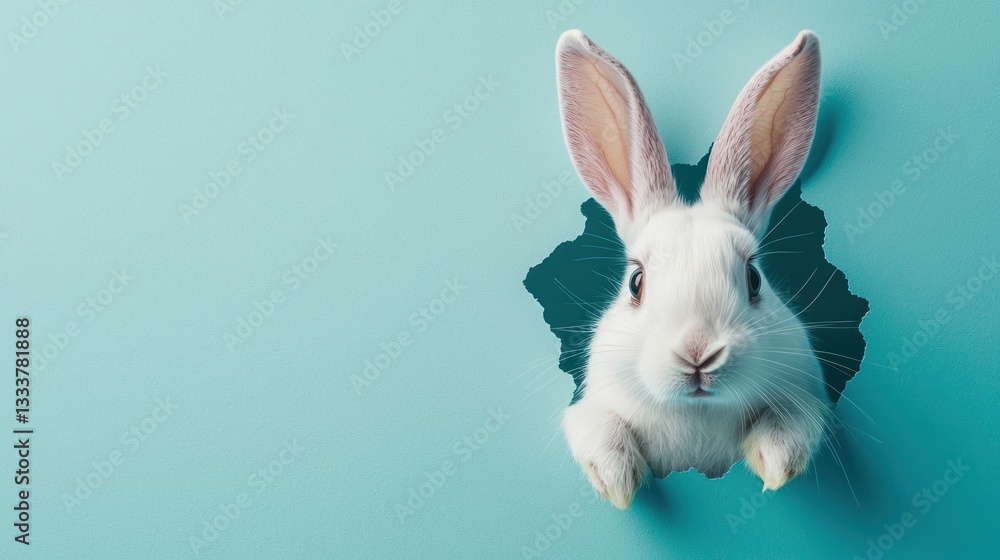 Obraz premium A curious white bunny emerges from a torn blue surface