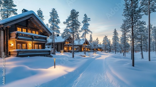 Wallpaper Mural A picturesque scandinavian eco-village blanketed in snow, featuring energy-efficient wooden homes nestled among serene pine trees Torontodigital.ca