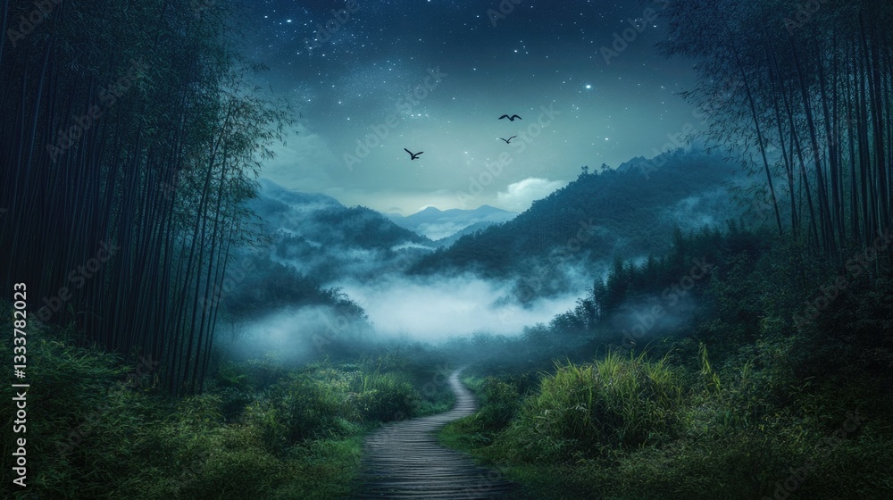A serene path winds through a misty forested mountain landscape at night A serene path winds through a misty forested mountain landscape at night