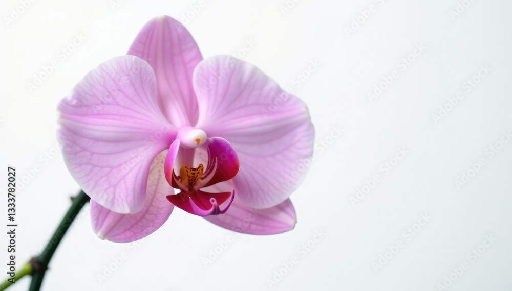 Delicate orchid petals unfolding on a pure white background, nature, stem Delicate orchid petals unfolding on a pure white background, nature, stem
