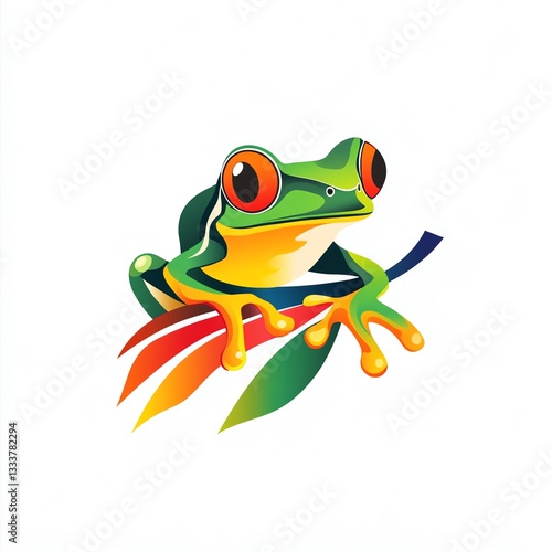 A Vivid Green Tree Frog Perches on a Colorful Leaf, a Stunning Illustration of Natures Beauty