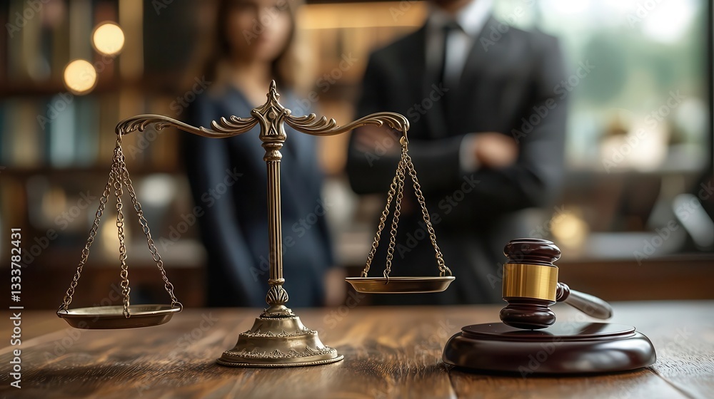 Symbolic representation of justice featuring scales and gavel in a courtroom setting with blurred figures. Symbolic representation of justice featuring scales and gavel in a courtroom setting with blurred figures.